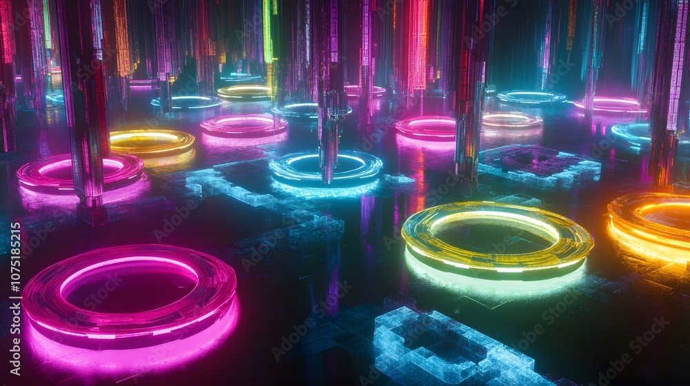 Poster a hyper-futuristic abstract scene with layers of interlocking, floating rings in neon colors, creati