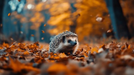 Obraz premium Hedgehog among fall leaves in beautiful autumn landscape 