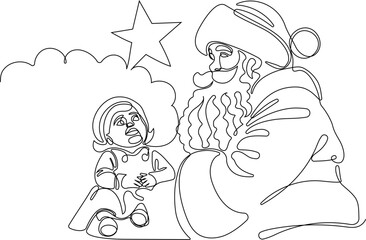 Character With A Sack Full Of Gifts. Vector Hand Drawn Illustration. One continuous line drawing Santa Claus on reindeer and sled. concept for Christmas and New Year