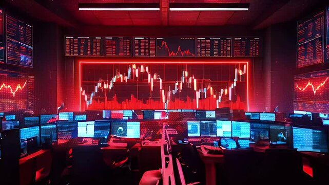 Two men working at their desks in a dark room lit by red lighting, looking at many computer screens showing stock market data charts, graphs, and numbers.
