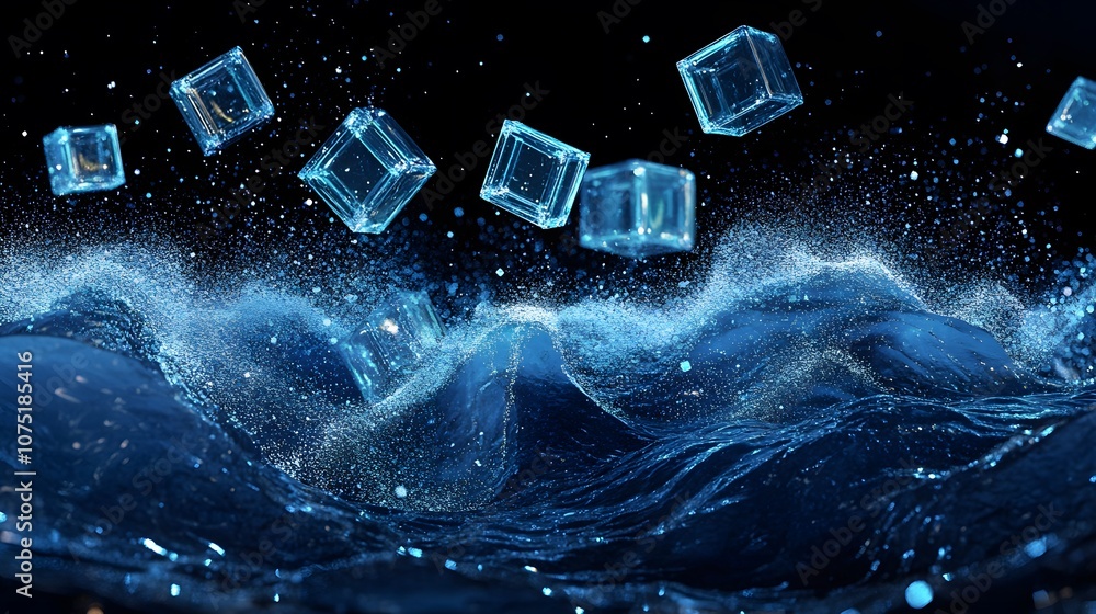 Aufkleber A digital ocean made of shimmering light waves with floating neon cubes, creating an impression of a surreal, fluid space that blends futuristic with dreamlike qualities. No text, no logo, wide angle