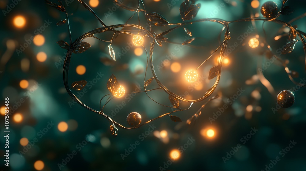 Poster a surreal environment of spiraling metallic vines with small, glowing orbs, casting ethereal reflect