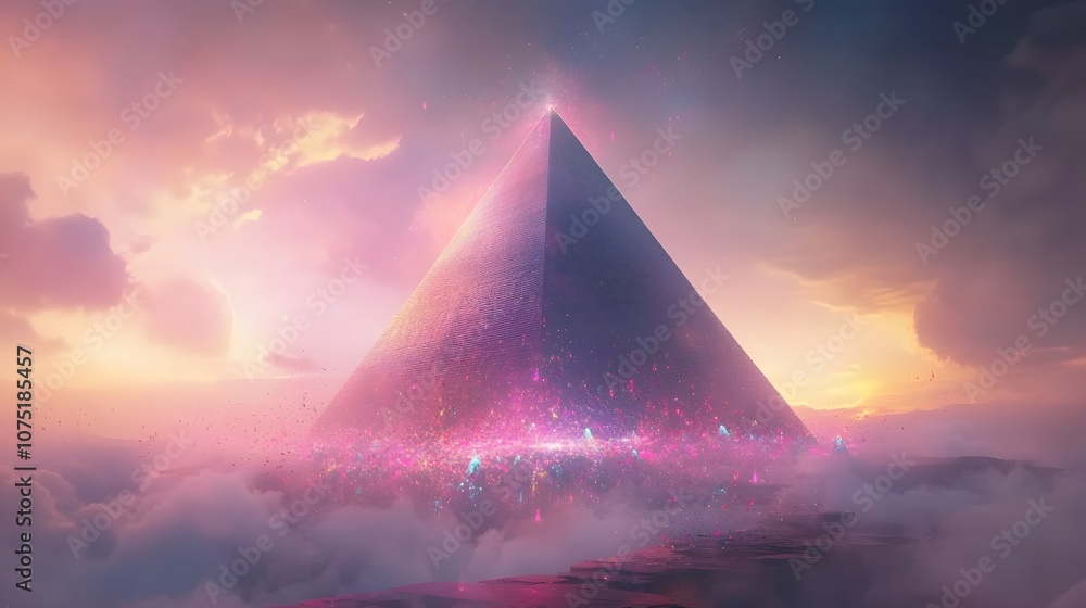 Aufkleber an otherworldly scene of a colossal, glowing pyramid floating over an abstract landscape filled with