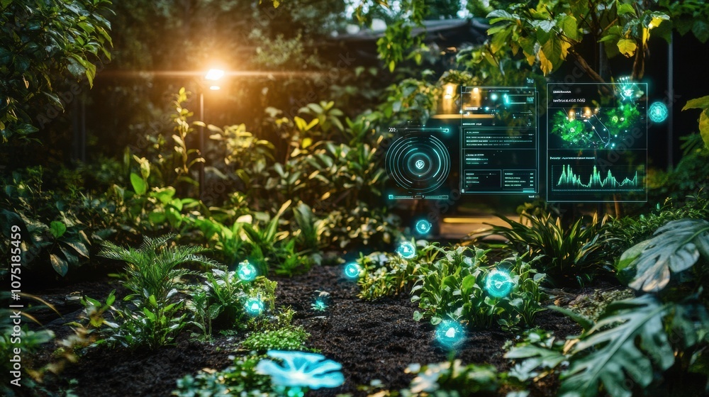 Poster A lush garden is enhanced by automated sprinklers and soil sensors, showcasing technology working harmoniously with nature at dusk. Generative AI