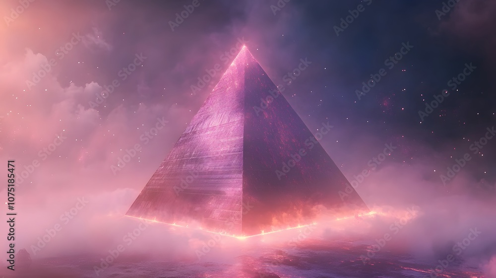 Poster an otherworldly scene of a colossal, glowing pyramid floating over an abstract landscape filled with