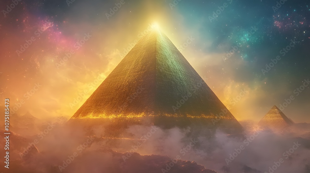 Poster an otherworldly scene of a colossal, glowing pyramid floating over an abstract landscape filled with