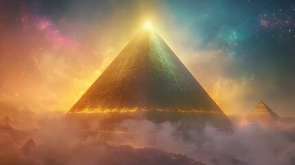An otherworldly scene of a colossal, glowing pyramid floating over an abstract landscape filled with fog and colorful particles, symbolizing a futuristic mystery. No text, no logo, wide angle shot,