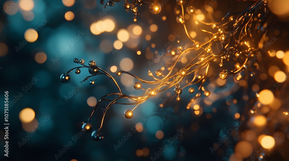 Poster a surreal environment of spiraling metallic vines with small, glowing orbs, casting ethereal reflect