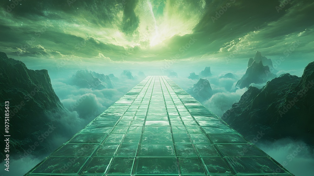 Poster a floating bridge of translucent tiles in a glowing neon landscape, stretching infinitely into a sur