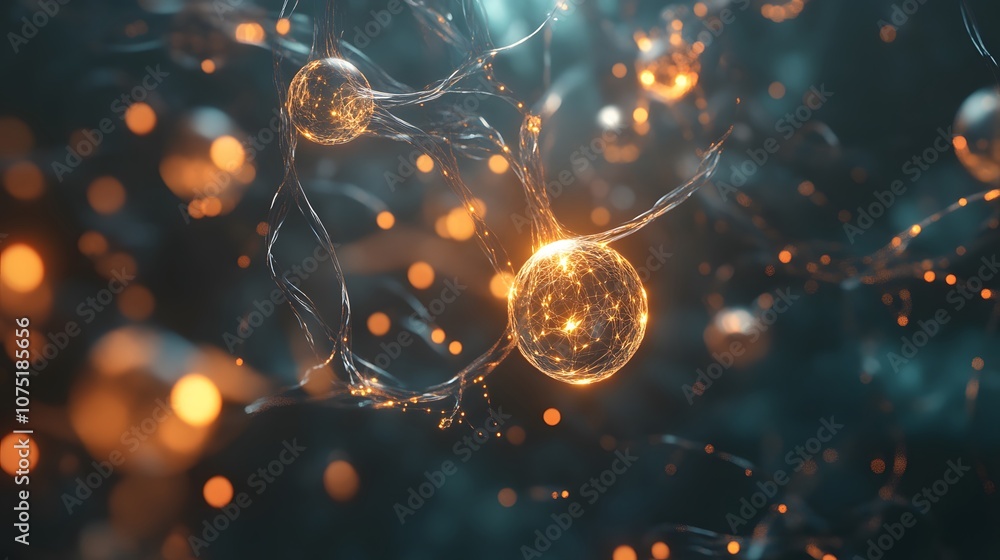 Poster a surreal environment of spiraling metallic vines with small, glowing orbs, casting ethereal reflect