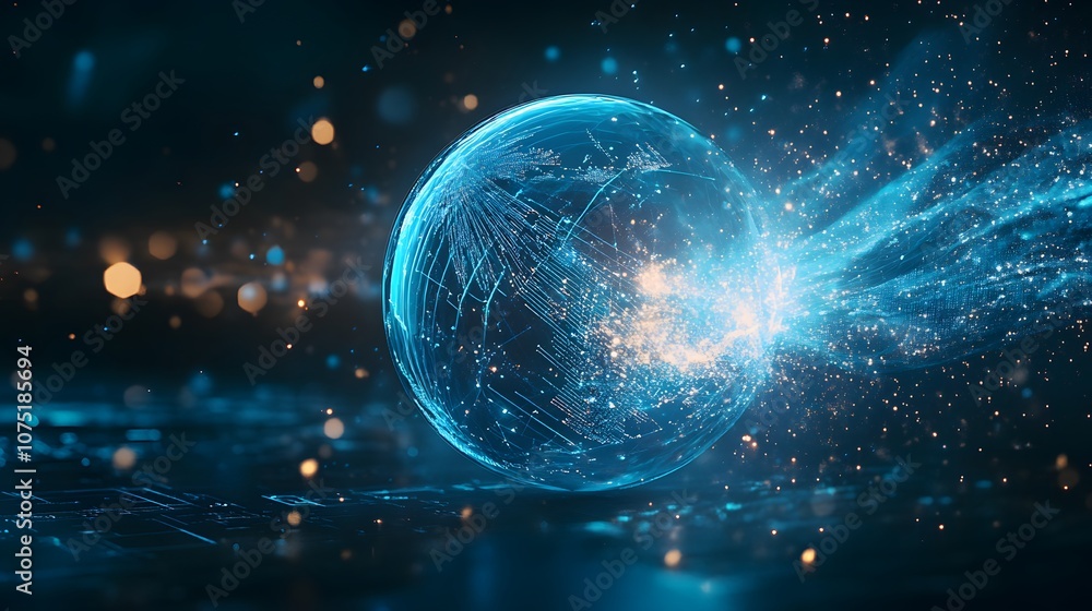 Aufkleber A hyper-futuristic floating sphere emitting waves of light, with digital particles surrounding it in a swirling motion, creating a sci-fi energy effect. No text, no logo, wide angle shot, 4k