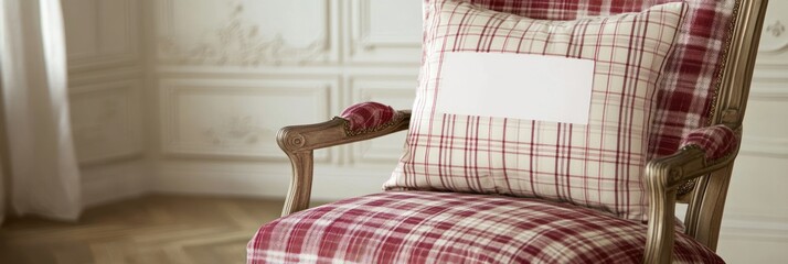 A cozy chair with a plaid pattern and a decorative pillow, enhancing interior decor.