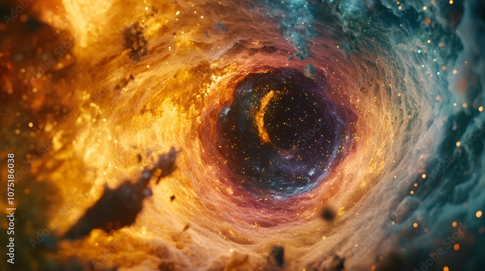 Poster A cosmic vortex of swirling colors and digital particles in an abstract space, creating a surreal sense of movement and depth within a futuristic setting. No text, no logo, wide angle shot, 4k