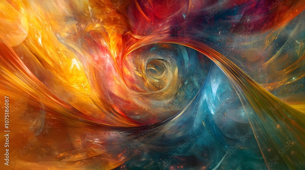 Poster A cosmic vortex of swirling colors and digital particles in an abstract space, creating a surreal sense of movement and depth within a futuristic setting. No text, no logo, wide angle shot, 4k
