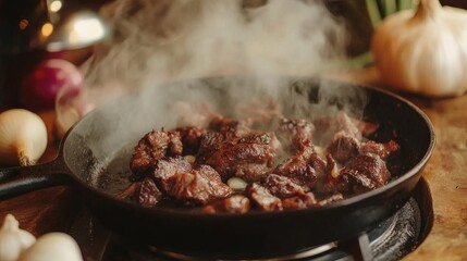 Juicy and Flavorful Meat Cooking in a Pan with Steam Rising, Fresh Vegetables in the Background, Evoking a Cozy and Delicious Kitchen Atmosphere