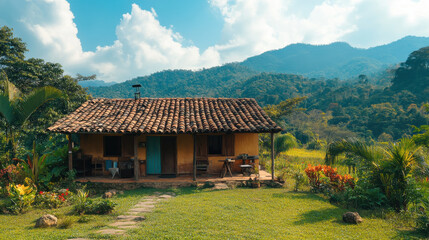 Obraz premium rustic one story house nestled in lush countryside, surrounded by vibrant greenery and mountains. serene landscape evokes sense of tranquility and connection to nature