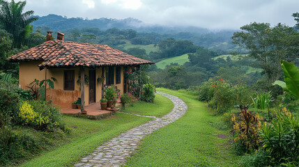 Obraz premium charming rustic house nestled in lush countryside, surrounded by vibrant greenery and rolling hills. serene path leads to peaceful retreat, evoking sense of tranquility and connection with nature