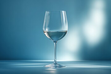 Fototapeta premium Glass of white wine on table on blue background. Tableware for alcoholic drinks, wine, champagne