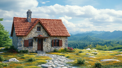 quaint stone house nestled in vibrant meadow, surrounded by mountains and clear blue sky, evokes sense of tranquility and charm