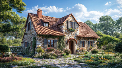 Fototapeta premium charming stone house nestled in picturesque European village, surrounded by lush greenery and vibrant flowers. inviting atmosphere and rustic architecture create serene escape