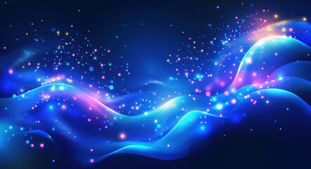Obraz premium Abstract background with glowing neon dots on a dark blue, wavy landscape.