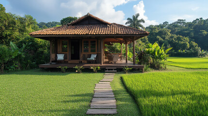 simple cottage surrounded by lush rice paddies, featuring wooden pathway leading to entrance. serene landscape evokes sense of tranquility and connection with nature