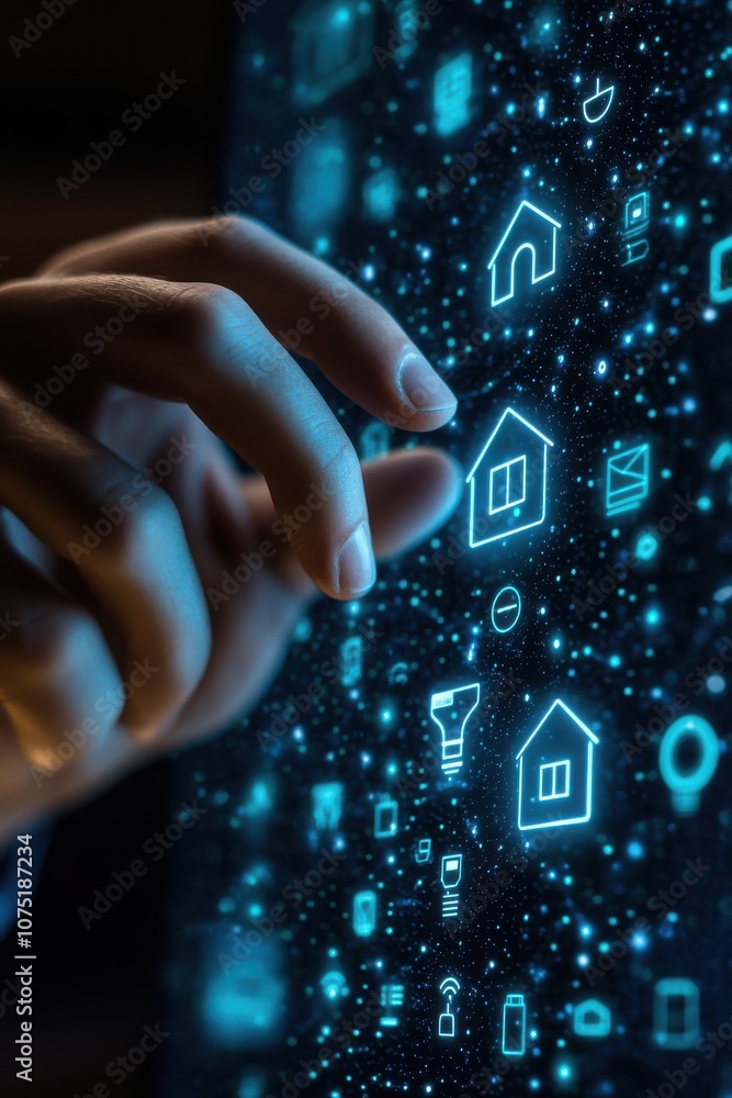 Poster digital interface showing smart home icons being interacted with by a business professional explorin