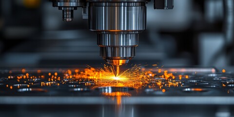 CNC machine works on metal, fire splashes fly in different directions. Production, plant, work, technology