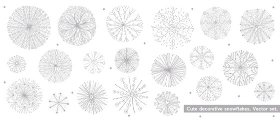 Set of cute snowflake icons on isolated background New Year ornament Symbols for mobile apps and website design. Flat snowflake icons, silhouette.