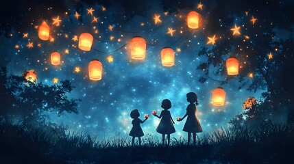 Obraz premium Watercolor scene of Muslims exchanging Eid greetings and gifts, with festive lanterns and flowers, celebrating the end of Ramadan