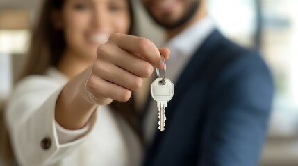 Happy Couple Holds Key, Symbolizing The Excitement and Joy of Achieving New Home Ownership