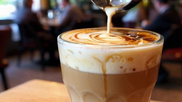 The camera zooms in to reveal the rich hazelnut syrup swirling into the creamy breve, highlighting the indulgent nature of the drink, while the caf&eacute; background adds a refined, relaxed atmosphere.