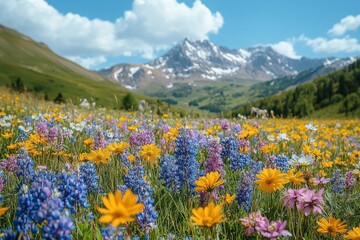 Fototapeta premium Wild colorful flowers in the grass against the backdrop of mountains. Summer landscape, beautiful background, nature