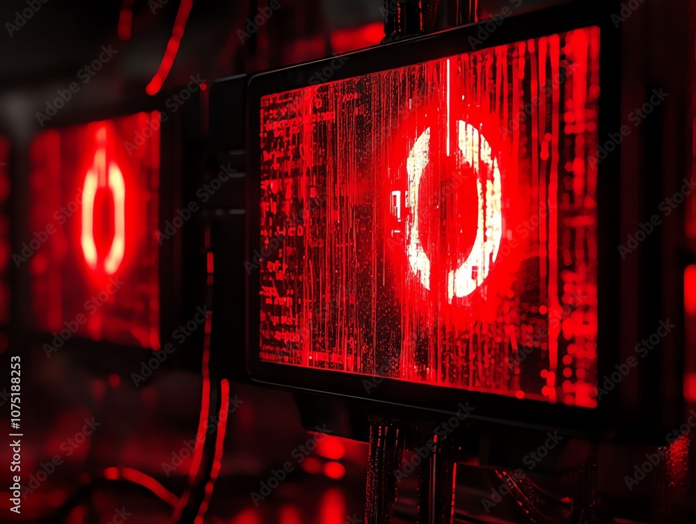 Poster Close up of a row of glowing red screens with a loading animation.