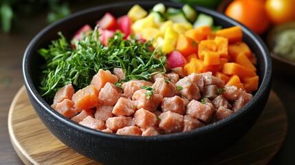 A vibrant bowl of diced salmon and fresh vegetables for a healthy meal.