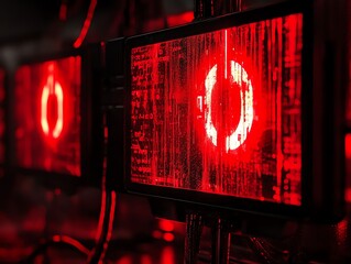Close up of a row of glowing red screens with a loading animation.
