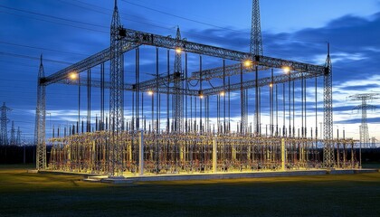 Fototapeta premium Power Distribution Center at Dusk A Web of Energy Infrastructure Against a Colorful Sky