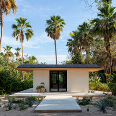 Fototapeta premium Modern house surrounded by palm trees and greenery, featuring solar panels on roof. structure blends seamlessly with natural environment, showcasing sustainable architecture