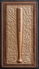 A wooden baseball bat framed with intricate quilting