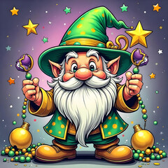 Funny mardi gras gnome with a smile, Mardi Gras clipart with colorful mask and hat, Mardi Gras colorful element