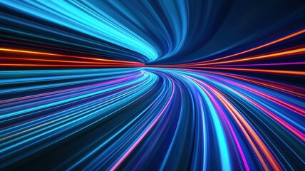 Abstract depiction of colorful light trails swirling dynamically against a dark background, suggesting movement and energy.