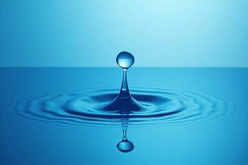 Peaceful Moment of Water Drop Falling with Gentle Ripples on a Calm Blue Surface