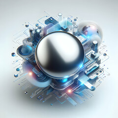 3D Glossy Metallic Surface with Digital Interface Elements for Technology Banners, Close-up Reflections, Modern Design Showcase of Cutting-Edge Tech Solutions on Isolated White Background