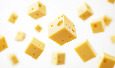 Cheese cubes floating in an isolated white background