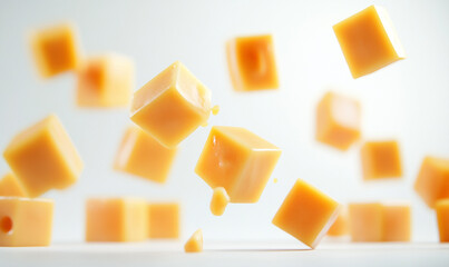 Cheese cubes floating in an isolated white background