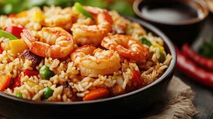 Delicious Shrimp Fried Rice with Colorful Vegetables and Seasoned Shrimp in a Bowl Ready to Serve, Perfect for Food Lovers and Culinary Inspiration.