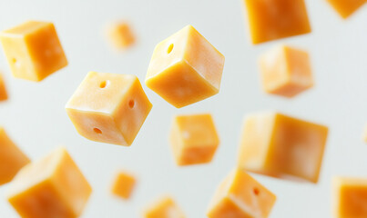 Cheese cubes floating in an isolated white background