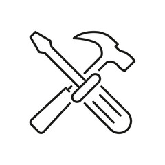 Screwdriver and Hammer Line Icon for Construction and Repair Service. Maintenance Tool for Technical Support Outline Symbol. Editable Stroke. Isolated Vector Illustration