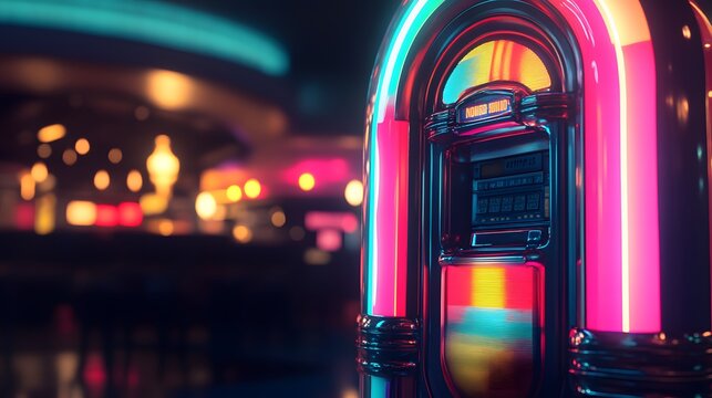 A close-up of a vintage juke box with colorful lights and retro designs, set in a dimly lit diner with reflections of neon signs. No text, no logo, wide angle shot, cinematic scene, 4k resolution