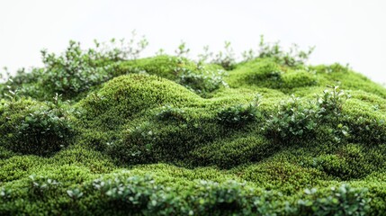 soft green moss carpet covering the ground, isolated against a pure white background, highlighting the intricate textures and vibrant colors of nature's delicate growth